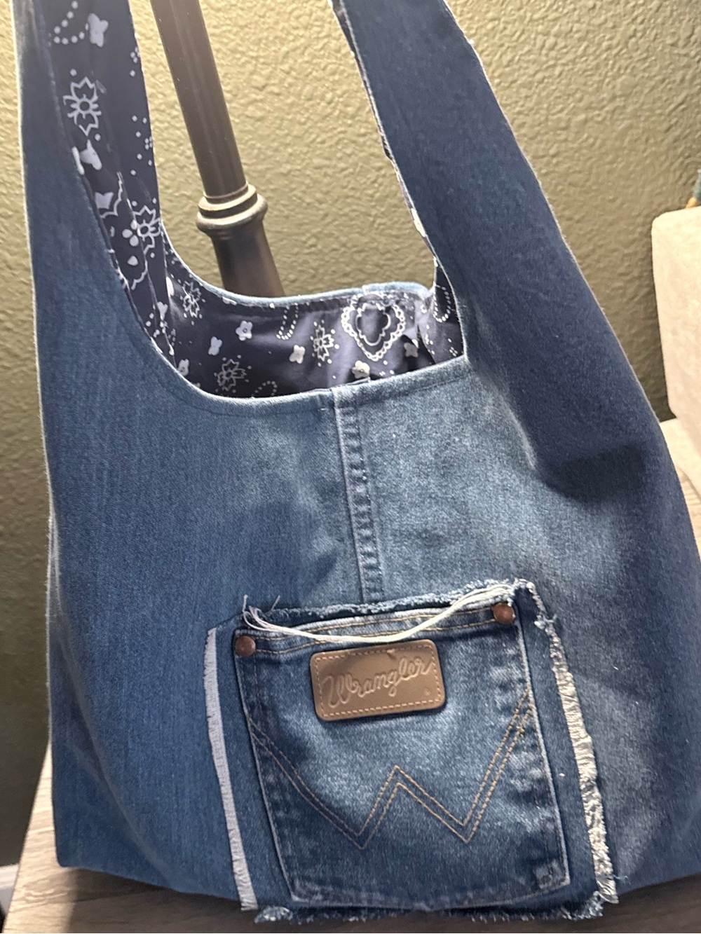 Repurposed Wrangler jeans bag